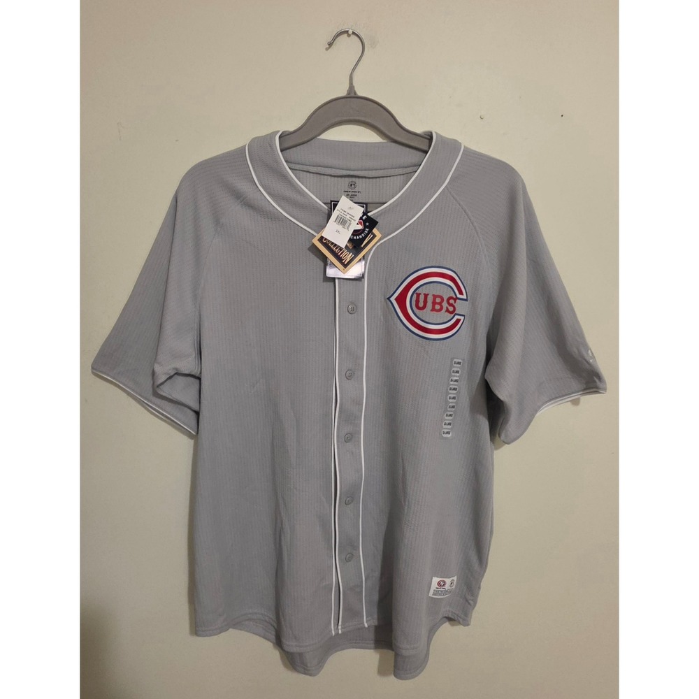 True Fan Baseball Jersey Mens 2XL Grey Chicago Cubs MLB Mesh Button Front